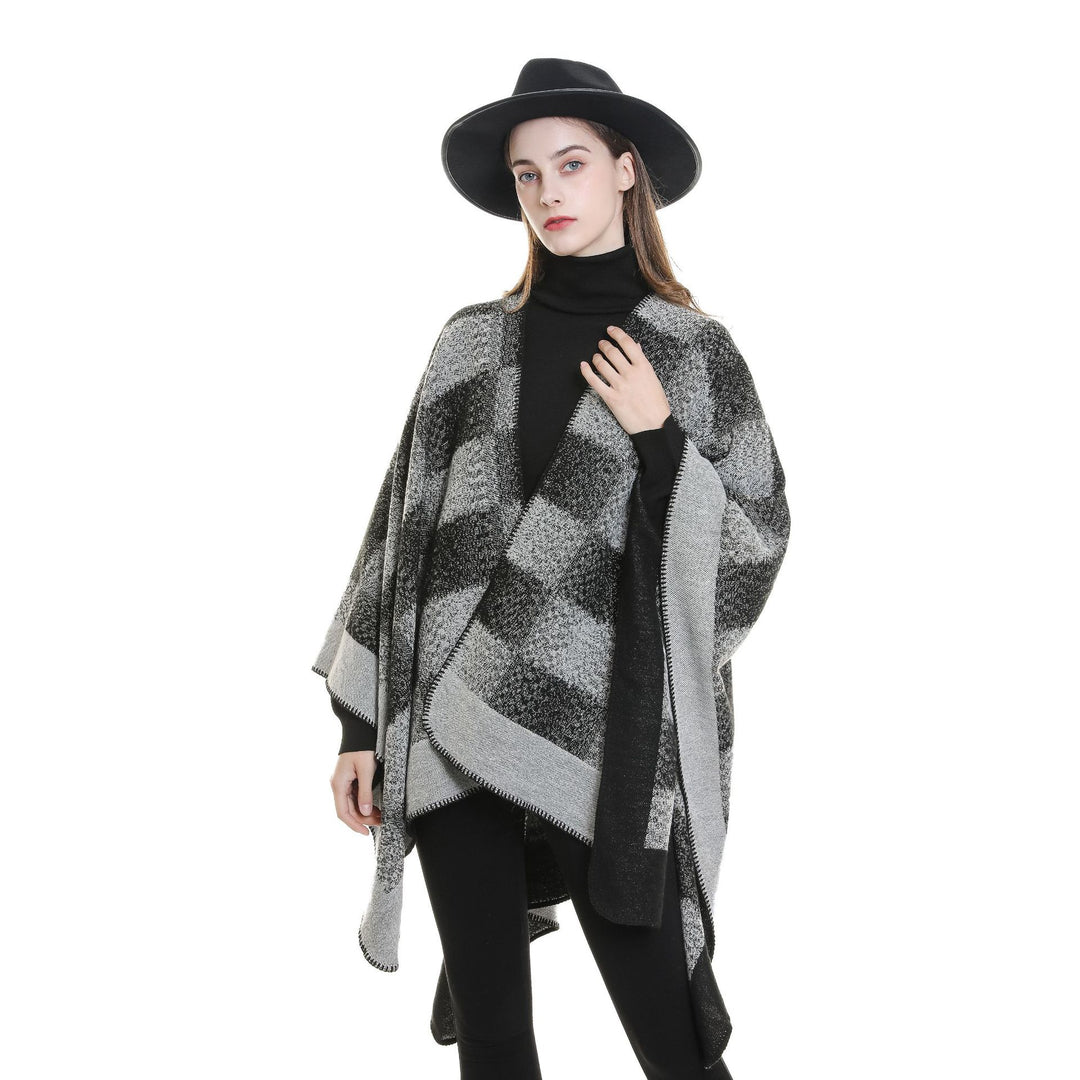 Damen Vielseitiger Wollmix-Überwurf im kastigen Kimono-Fall mit großflächigem Karojacquard Drune