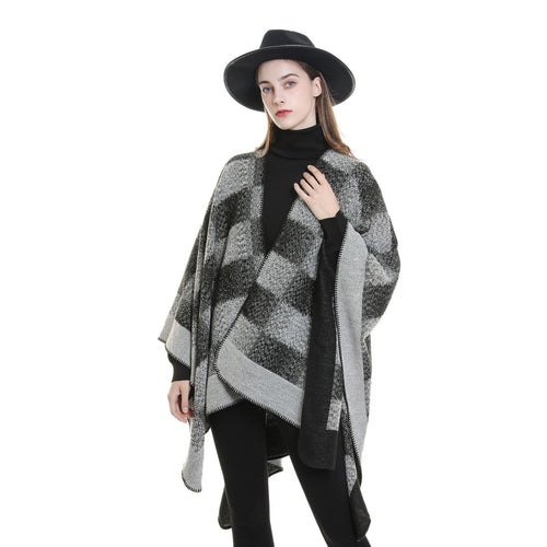 Damen Vielseitiger Wollmix-Überwurf im kastigen Kimono-Fall mit großflächigem Karojacquard Drune