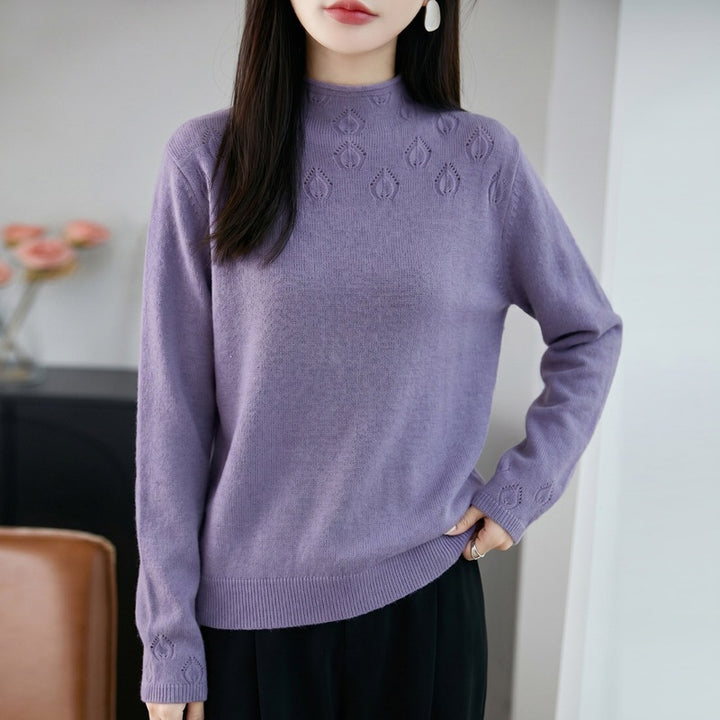 Damen Leichter Stehkragenpullover mit floralem Ajour‑Yoke und feiner Rippkante Drune