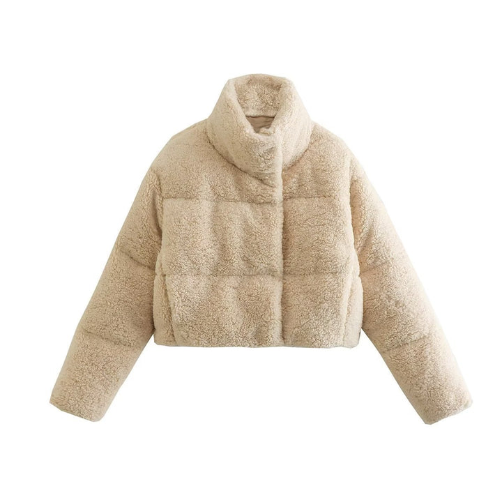 Damen kuschelige cropped Teddyjacke mit hohem Kragen und seitlichen Taschen Drune
