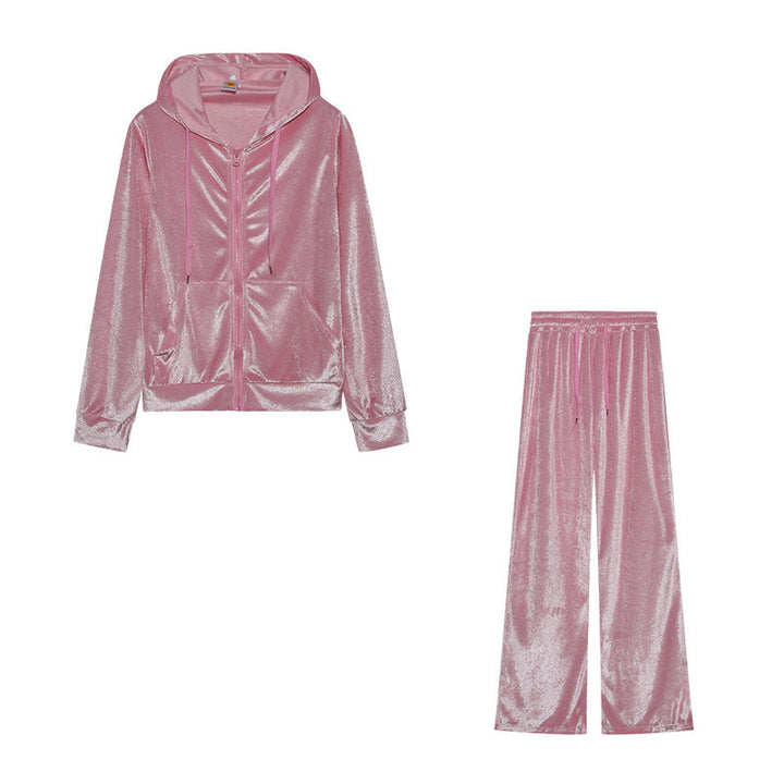 Damen Sportliches Set aus samtiger Kapuzenjacke und weiten Jogginghosen Drune