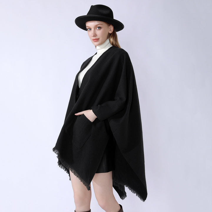 Damen Oversize-Capeponcho aus Wollmix mit Kapuze und Eingrifftaschen Drune