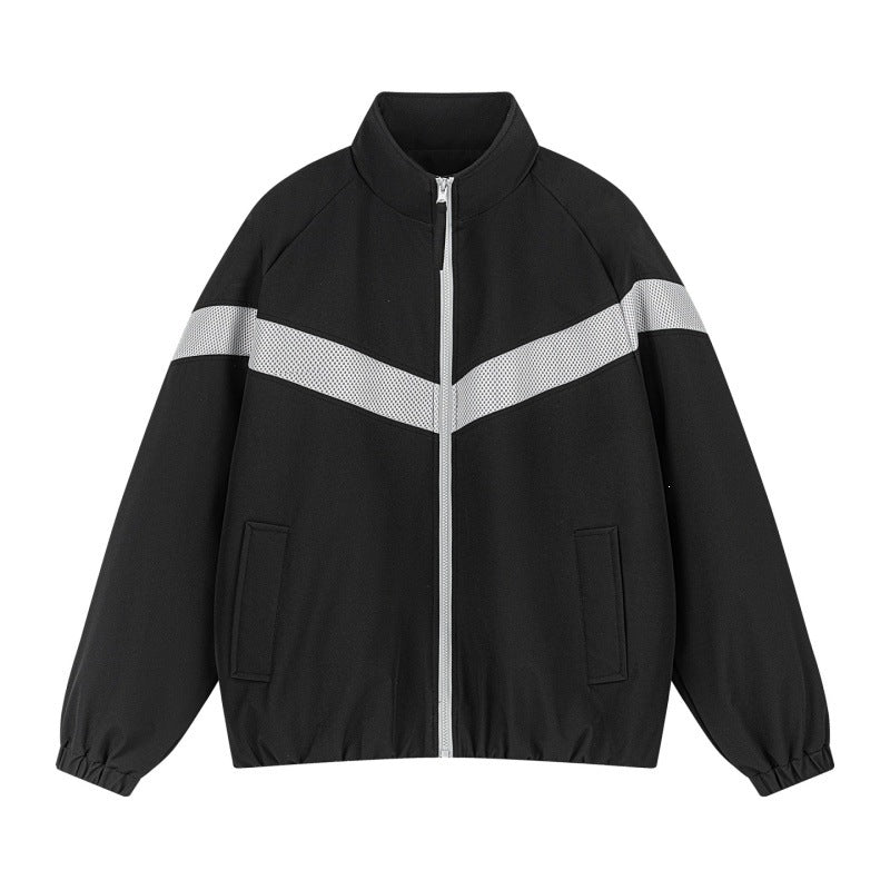 Unisex Leichte Trainingsjacke im Retro-Sportstil mit V-förmigem Reflektoreinsatz Drune