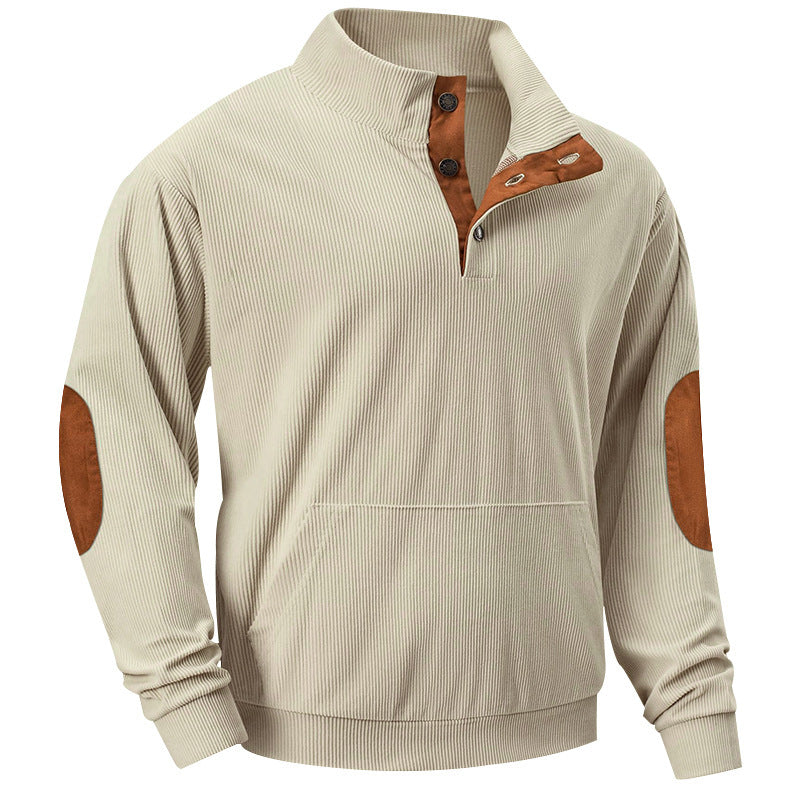 Herren nan geripptes Stehkragen-Sweatshirt mit Knopfleiste, Kängurutasche und Velours-Ellenbogenbesatz Drune