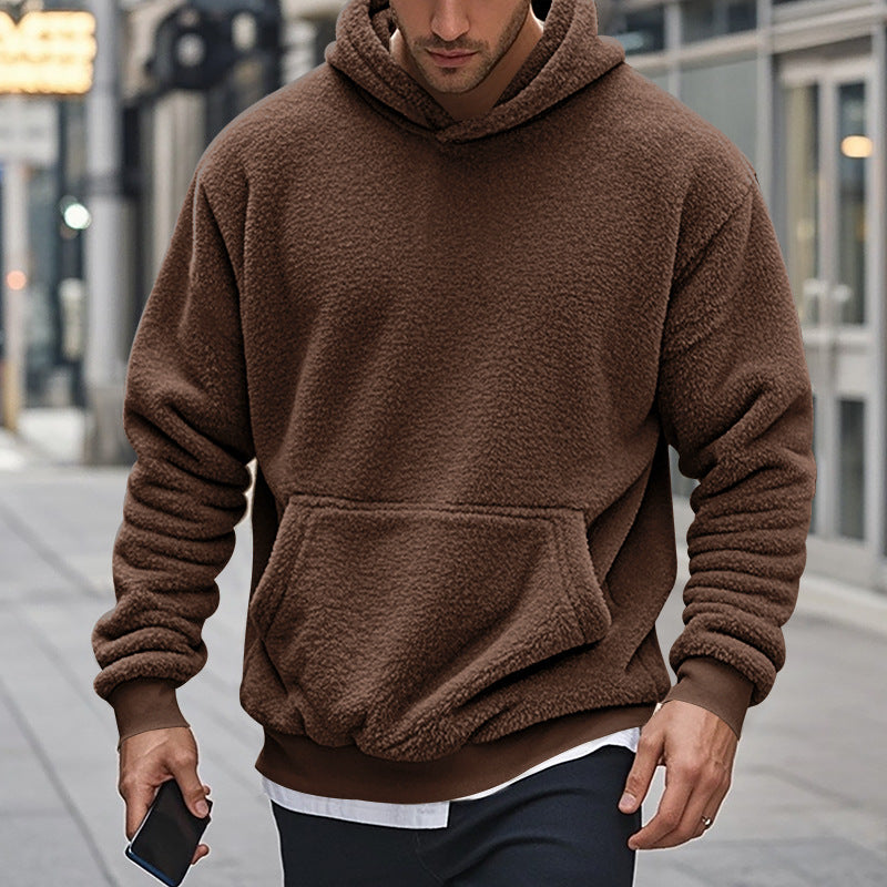 Herren Sherpa-Kapuzenpullover im Teddy-Fleece mit Kängurutasche und Rippbündchen Drune