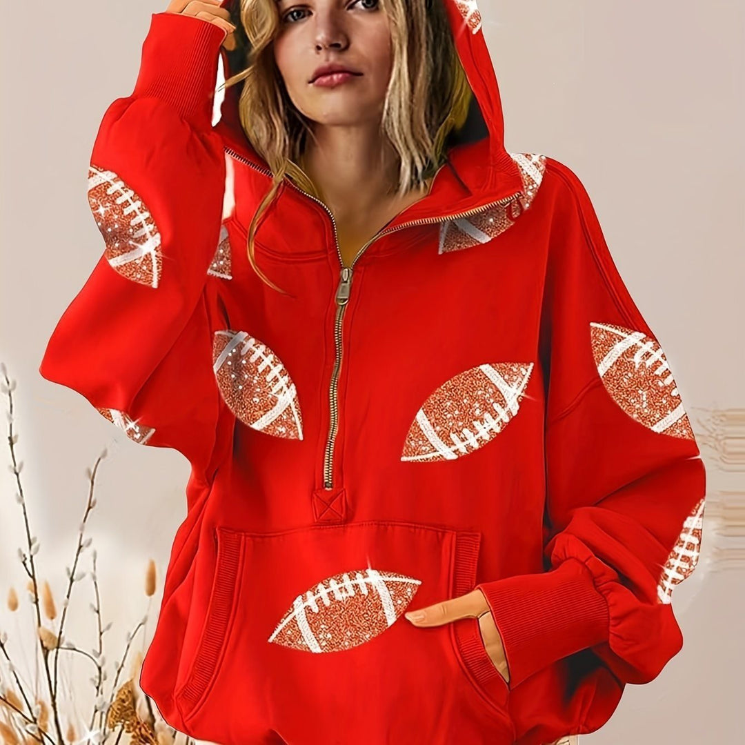 Damen Oversized Kapuzenpullover mit halbem Reißverschluss und Pailletten‑Football-Applikation Drune