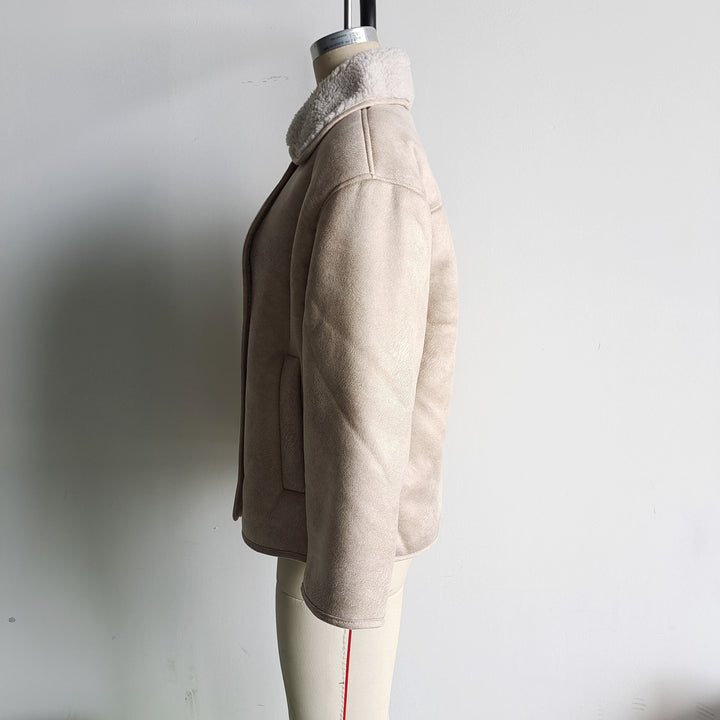 Damen Boxy Jacke in Lammfelloptik mit Teddyfutter und großem Umlegekragen Drune