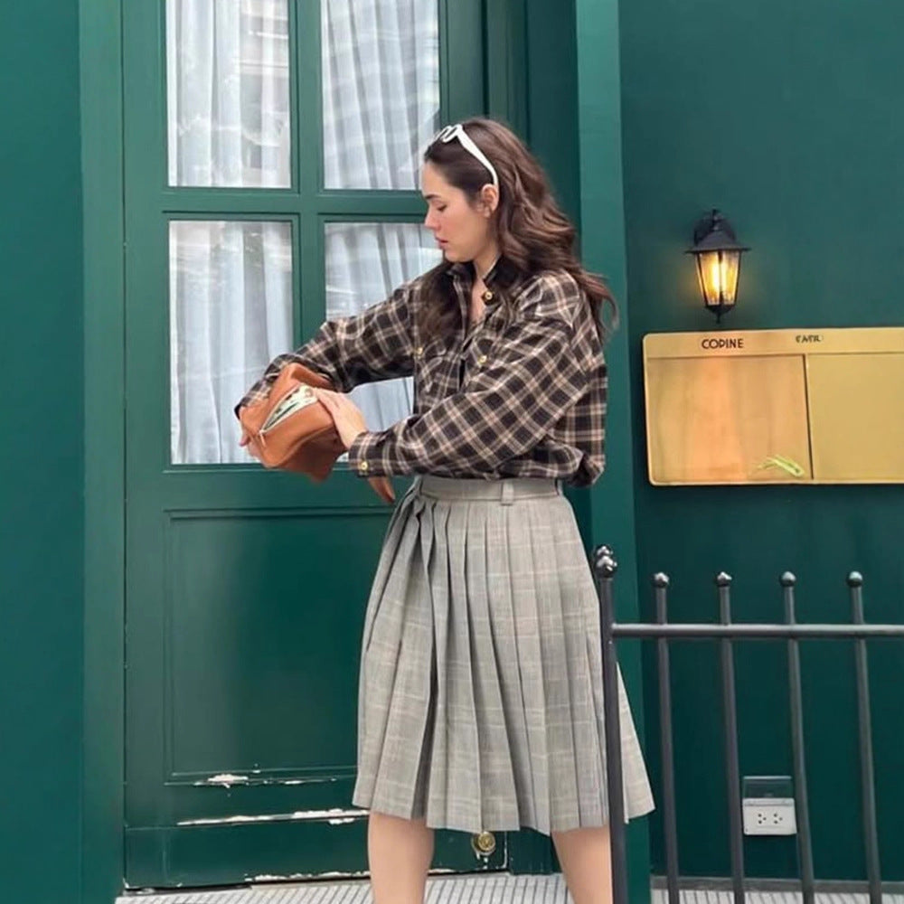 Damen Kariertes Overshirt mit Brusttaschen und goldenen Druckknöpfen Drune
