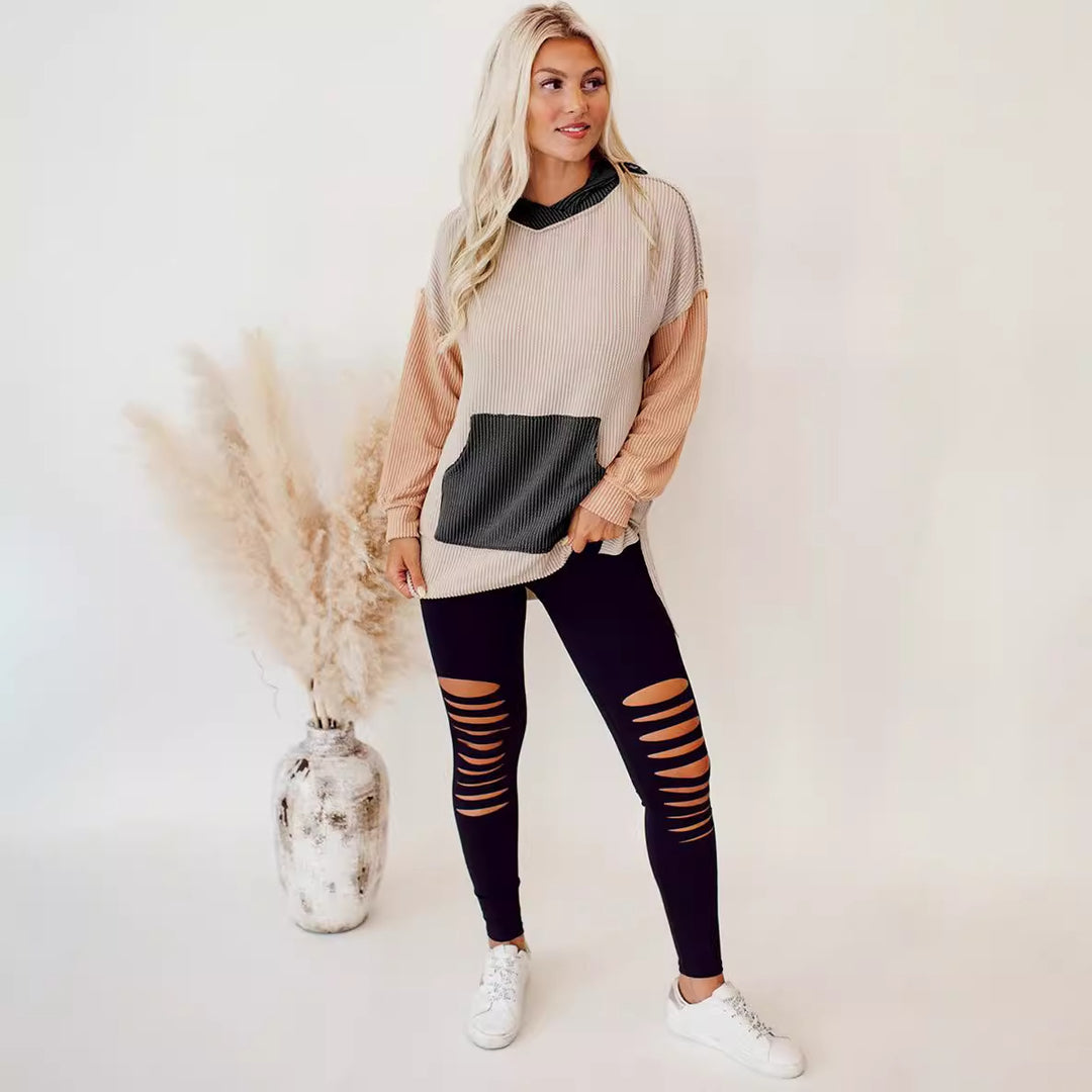 Damen lässiger Kapuzenpullover mit strukturiertem Design und praktischen Taschen Drune
