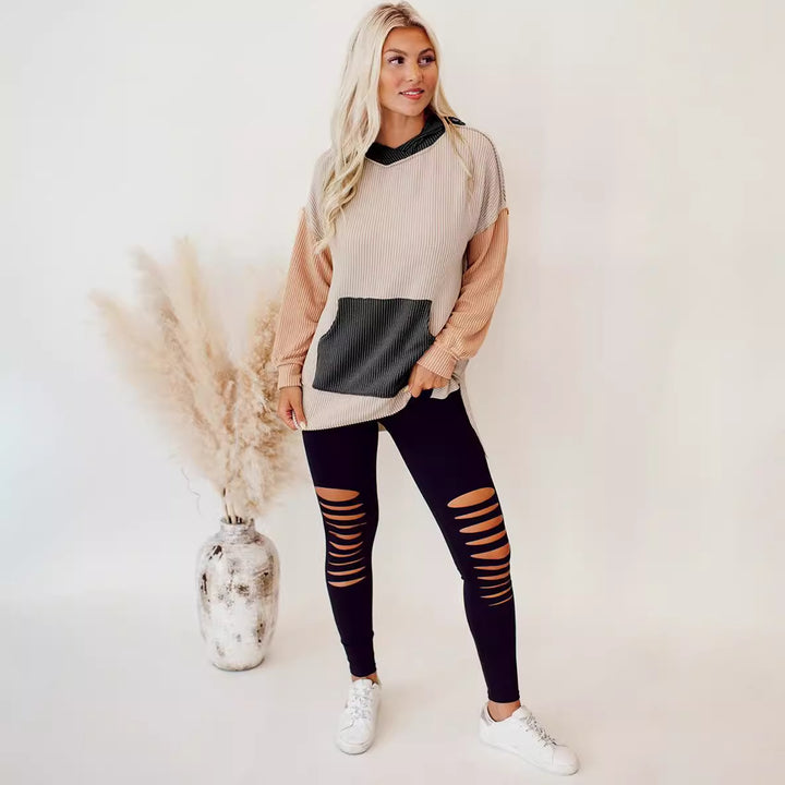 Damen lässiger Kapuzenpullover mit strukturiertem Design und praktischen Taschen Drune