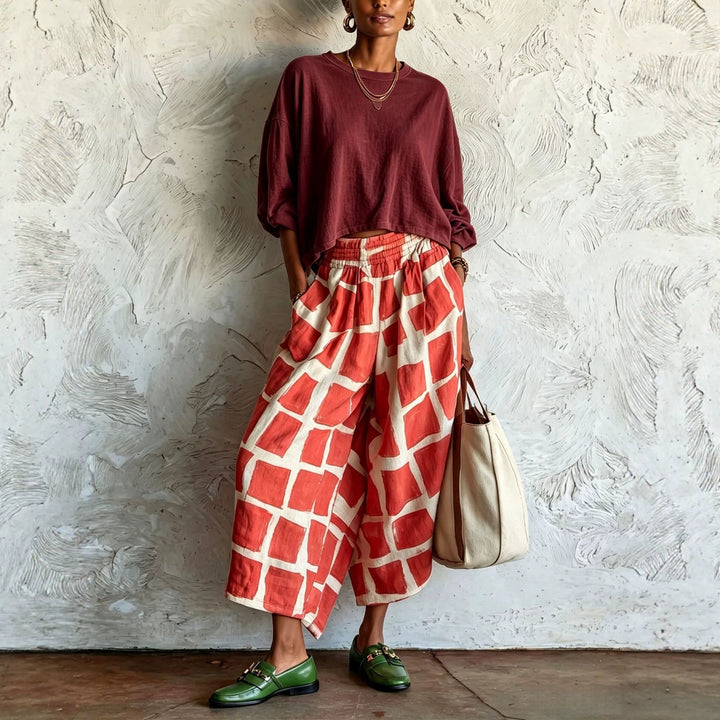 Damen Weite Culotte-Hose aus Leinenmix mit elastischem Bund und grafischem Print Drune