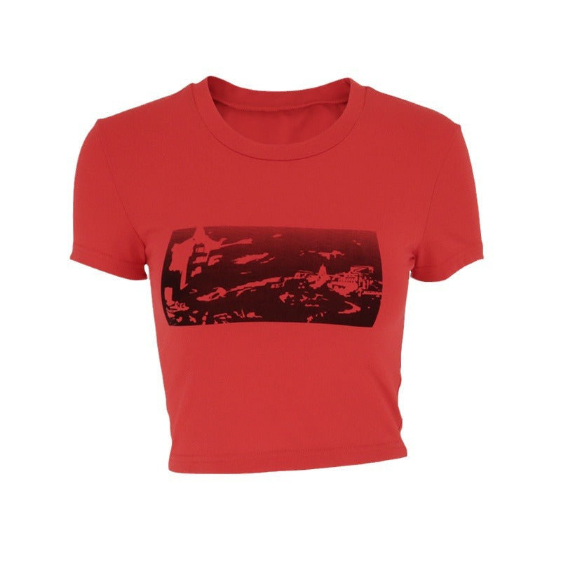 Damen modisches cropped T-Shirt mit grafischem Print Drune