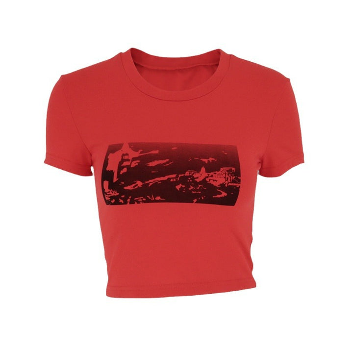 Damen modisches cropped T-Shirt mit grafischem Print Drune