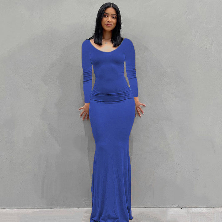 Damen Körperbetontes Maxi‑Jerseykleid mit taillierter Drapierung, langen Ärmeln und ausgestelltem Saum Drune