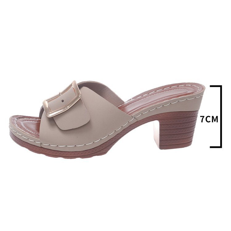 Damen Offene Slip-On Mules mit mittelhohem Blockabsatz und großer Zierschnalle Drune