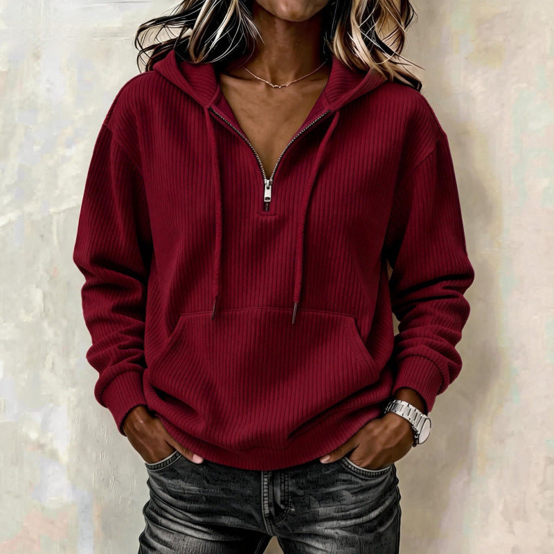Damen lässiger Oversize Rippstrick-Kapuzenpullover mit halbem Reißverschluss Drune