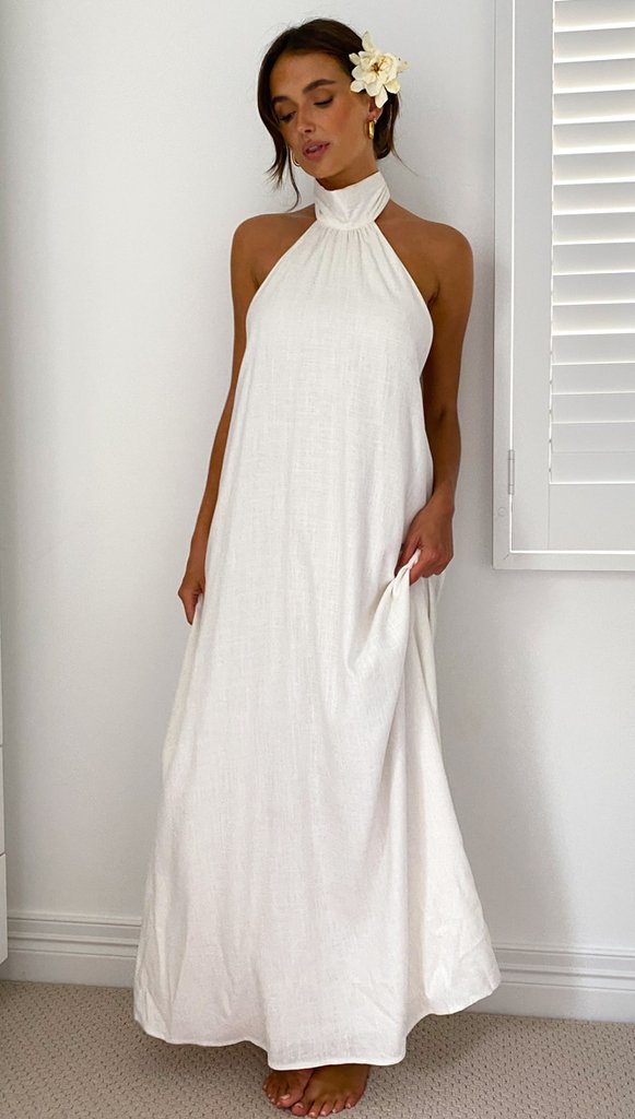 Damen Maxikleid mit eleganter Halterpartie und Taschen Drune