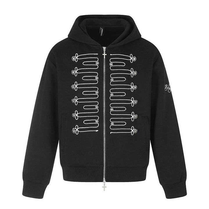 Unisex Zip-Kapuzenjacke im Military-Stil mit Zierkordeln und Metallknöpfen Drune