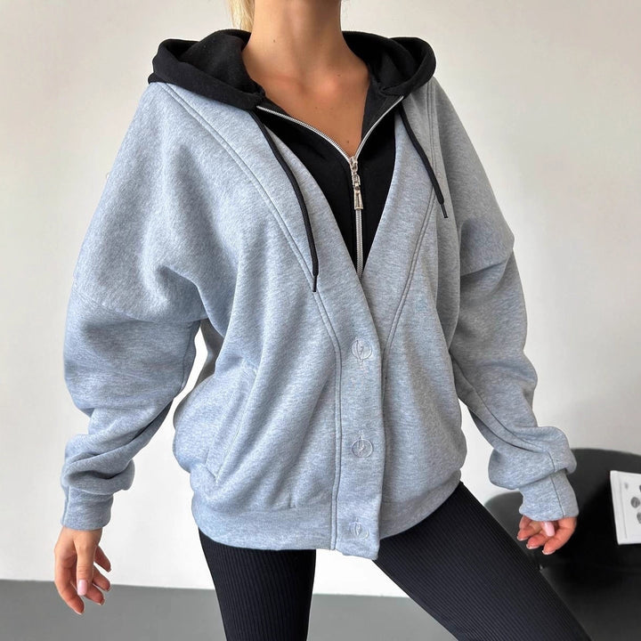 Damen gemütlicher Oversized-Jacke mit Kapuze und Druckknopfverschluss Drune