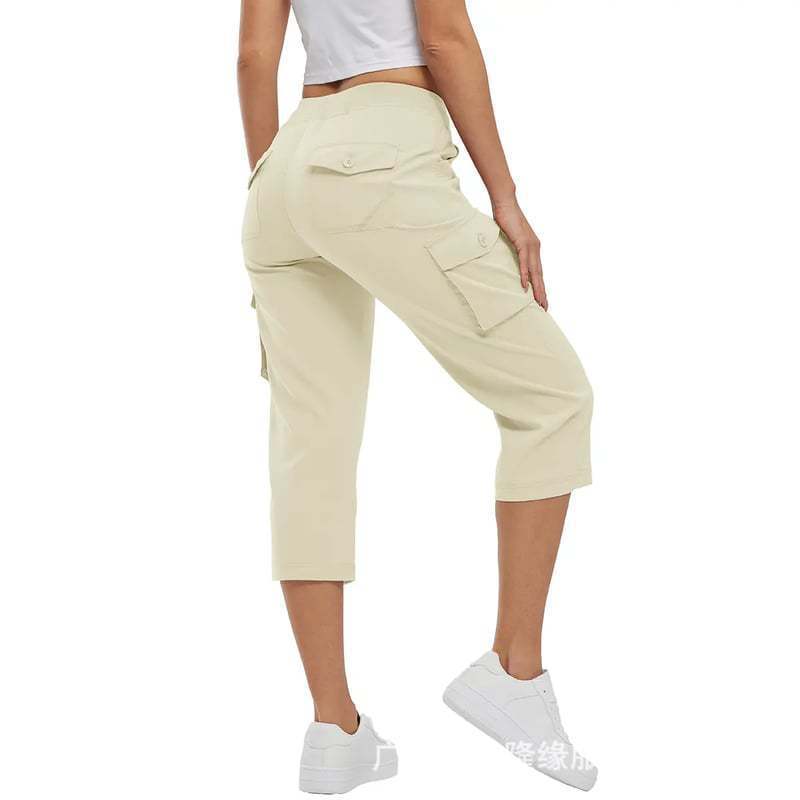 Damen Capri Cargo-Hosen in Bermuda-Länge mit hoher Taille und aufgesetzten Klappentaschen Drune
