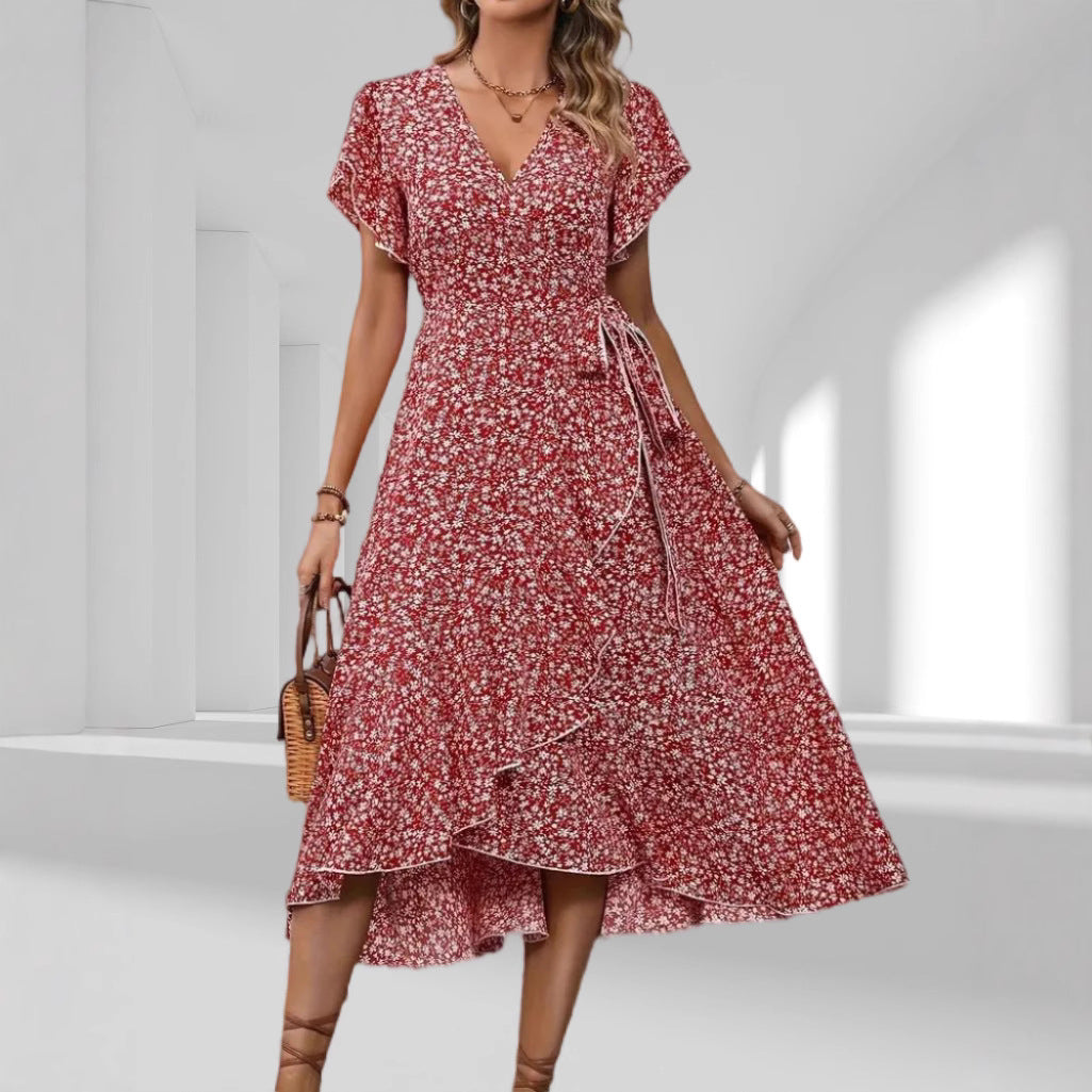 Drune | Atemberaubendes Kurzarm Grünes V-Ausschnitt Midi-Kleid