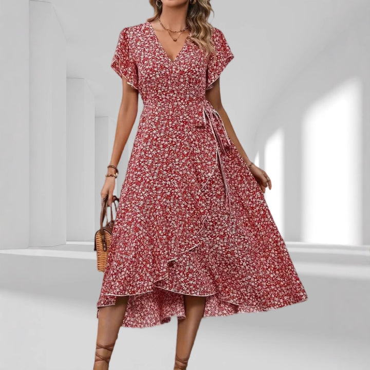 Drune | Atemberaubendes Kurzarm Grünes V-Ausschnitt Midi-Kleid