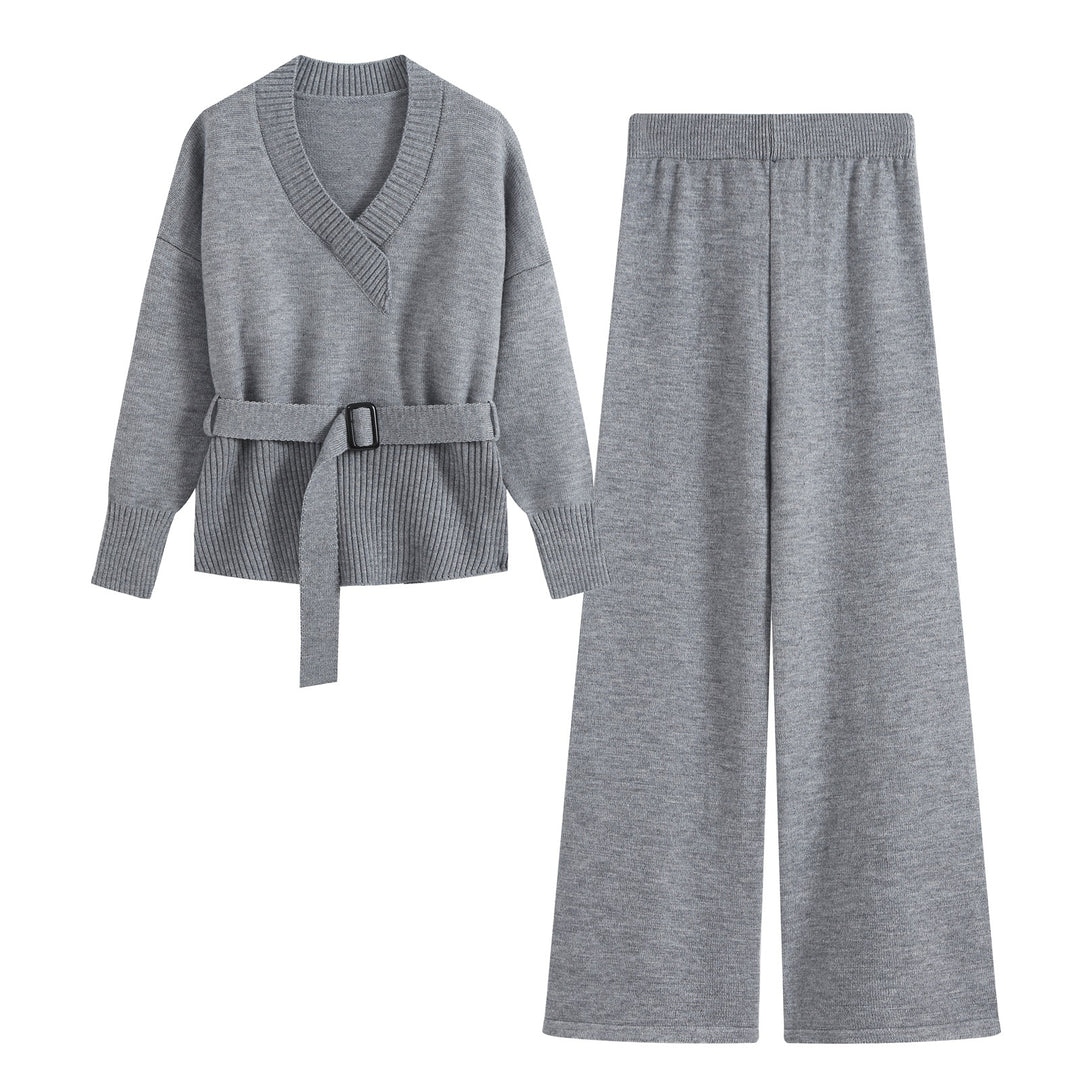 Damen Feiner Strickzweiteiler mit V‑Ausschnitt, Taillengürtel und weiter Bündchenhose Drune