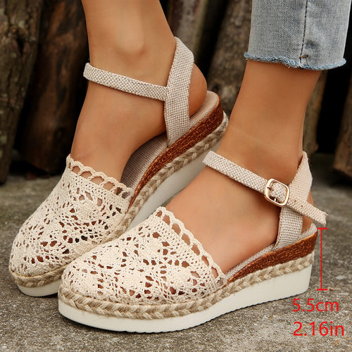 Damen elegante Espadrilles mit handgefertigtem Häkel-Design und verstellbarem Knöchelriemen Drune