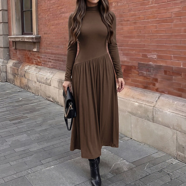 Damen Elegantes Maxikleid mit langen Ärmeln und hohem Kragen Drune