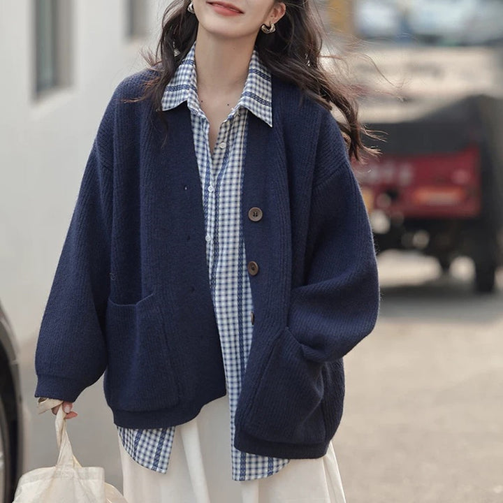 Damen Kuschelige Strickjacke mit großen Taschen und Knopfdetails Drune