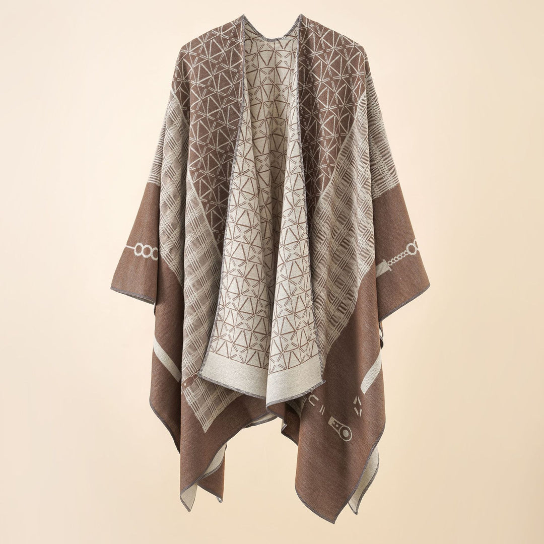 Damen Geometrisches Jacquard-Ruana-Cape aus Wollmix mit offener Kimono-Silhouette Drune