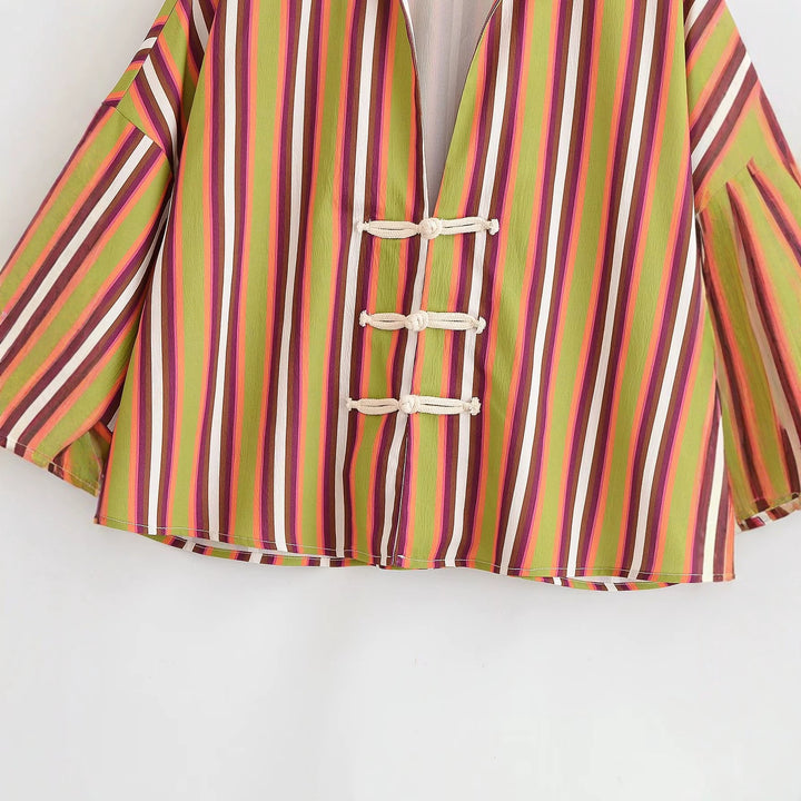 Damen Gestreifte Kimono‑Jacke mit kurzen Trompetenärmeln und dekorativen Knotenverschlüssen Drune