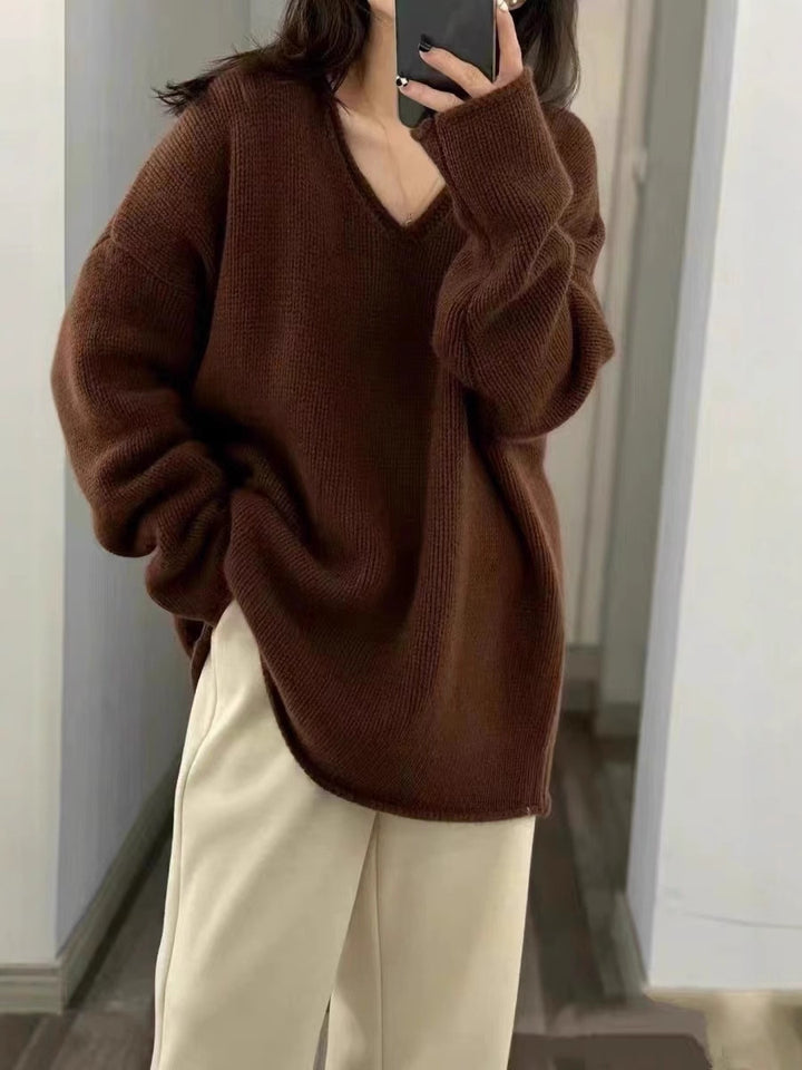 Damen Oversize V‑Ausschnitt Pullover im Mohair‑Look mit überschnittener Schulter und gerundetem Saum Drune