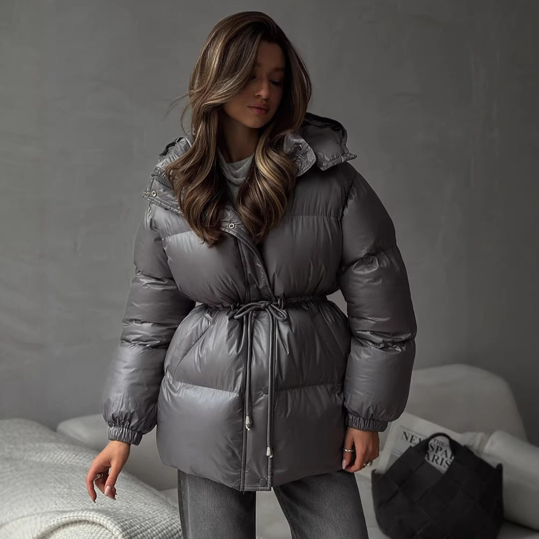 Damen Steppdaunenjacke mit tailliertem Kordelzug und Kapuze Drune