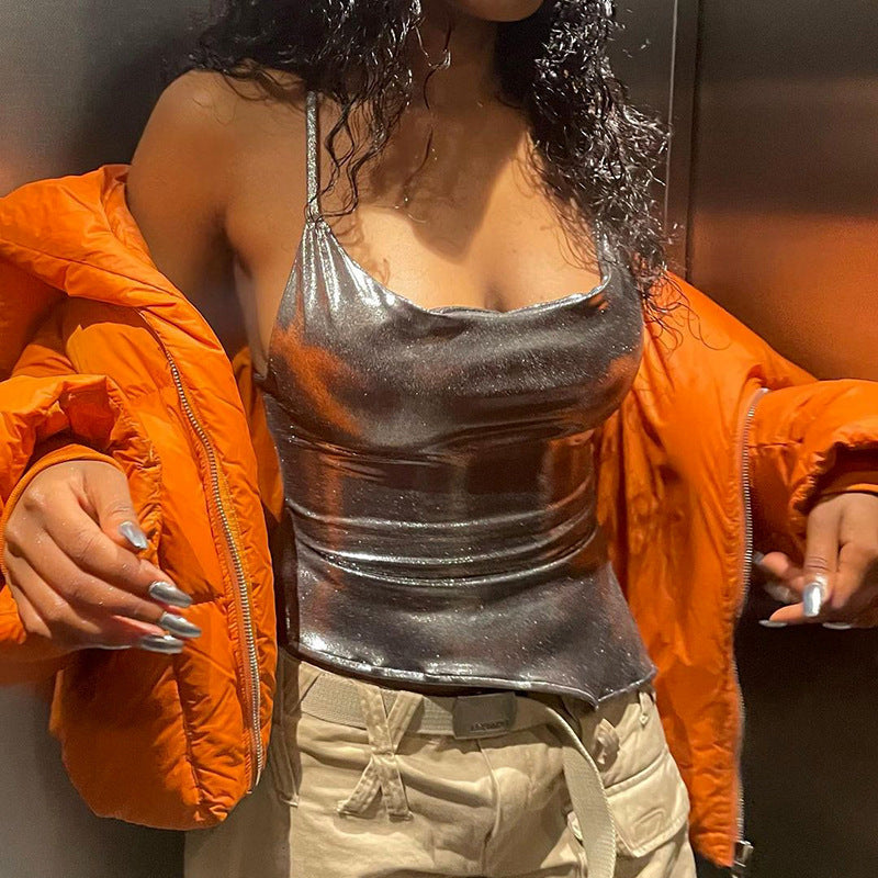 Damen glänzendes Satin-Top mit schmalen Spaghettiträgern Drune