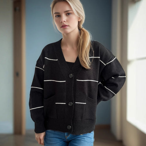 Damen gemütliche Strickjacke mit Taschen und Knopfdetails Drune