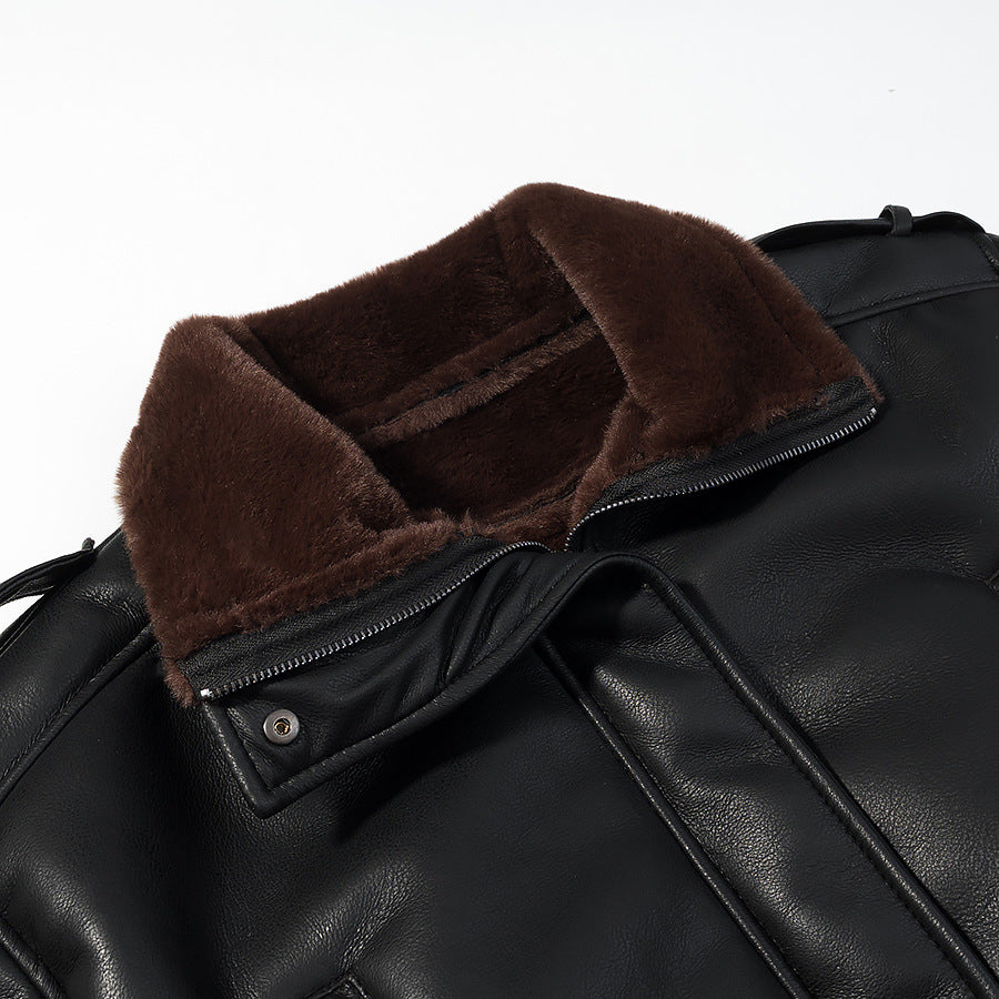 Damen Kurz geschnittene Fliegerjacke aus Kunstleder mit Teddy-Innenfutter, Umlegekragen und umschlagbaren Manschetten Drune