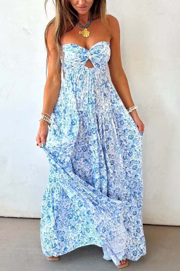 Damen nan trägerloses gedrehtes Bustier-Maxikleid mit Cut-out und mehrlagigem Stufenrock in leichter Crinkle-Qualität Drune