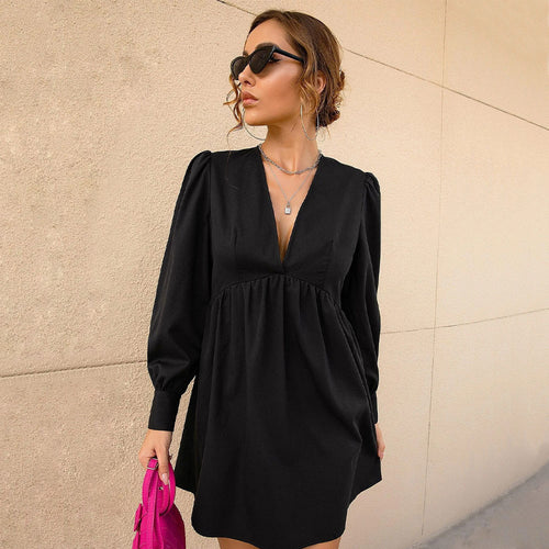 Damen A-Linien Minikleid mit tiefem V‑Ausschnitt, Empire‑Naht, taillierender Raffung und langen Manschettenärmeln Drune