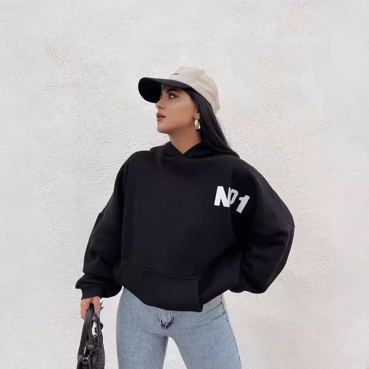Damen Oversized Cropped Hoodie mit großem Lettering, Kapuze und relaxed Fit Drune