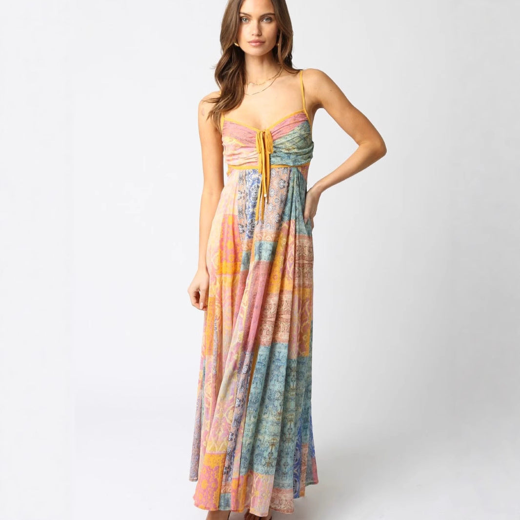 Damen nan bodenlanges Boho-Strandkleid mit gerafftem Bustier und Tunnelzug Drune