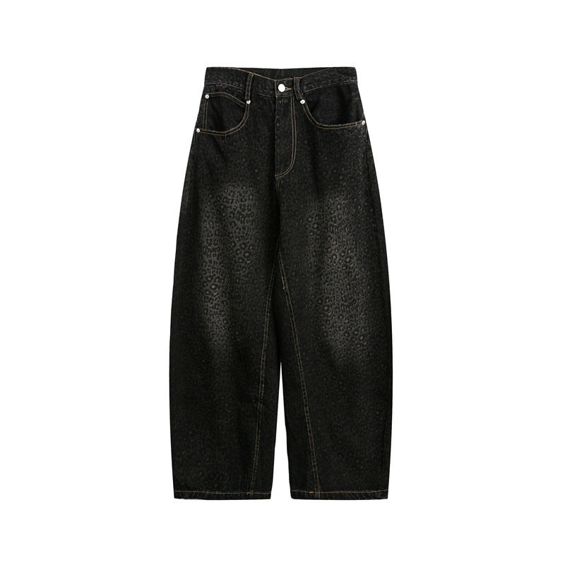 Damen Kurzgeschnittene Weite Jeans mit hoher Taille und Leopardenmuster Drune