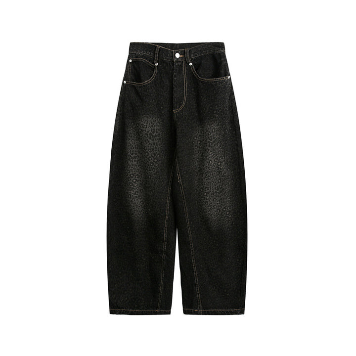 Damen Kurzgeschnittene Weite Jeans mit hoher Taille und Leopardenmuster Drune