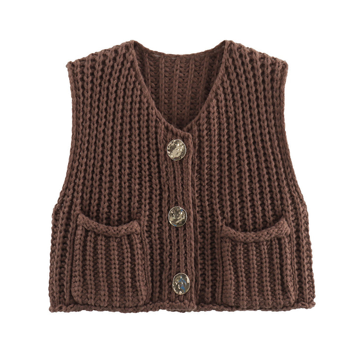 Damen Kurzgeschnittene Ärmellose Strickweste mit V-Ausschnitt und Zierknöpfen Drune