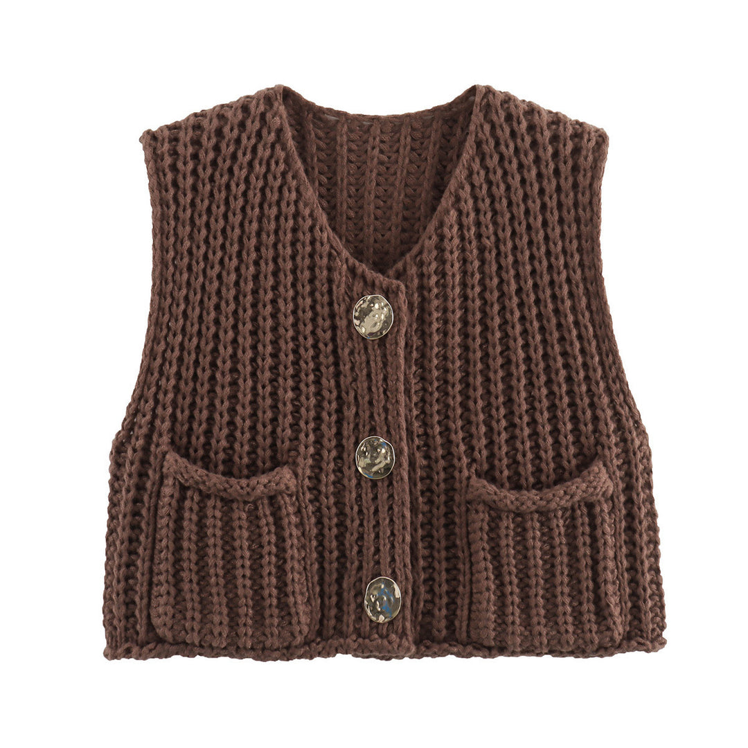 Damen Grobgestrickte Cropped Weste mit V-Ausschnitt und goldenen Zierknöpfen Drune
