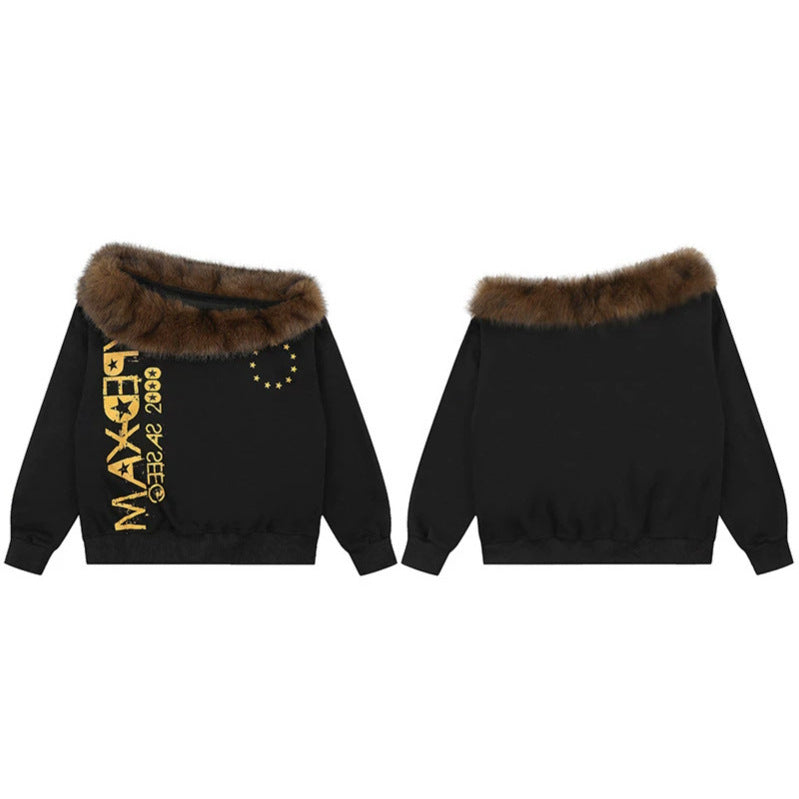 Damen Oversize-Sweatshirt mit Kunstfellkragen, Rippbündchen und Statement-Print Drune