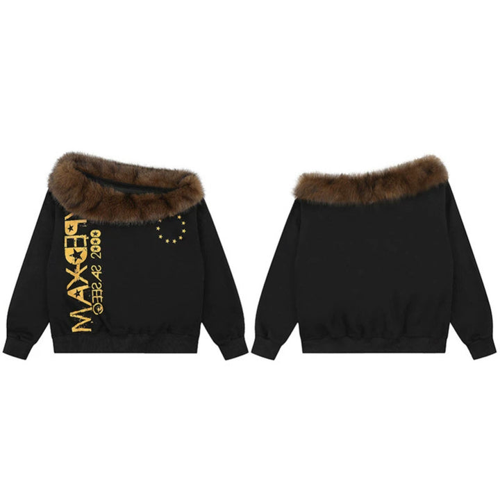 Damen Oversize-Sweatshirt mit Kunstfellkragen, Rippbündchen und Statement-Print Drune