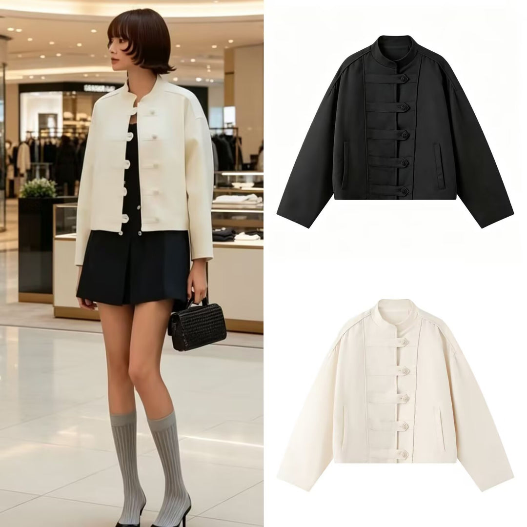 Damen Boxy-Jacke mit Stehkragen und Knebelverschlüssen Drune