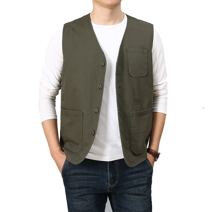 Unisex Canvas-Utility-Weste mit gestreiftem Innenfutter, aufgesetzten Taschen und Knopfverschluss Drune