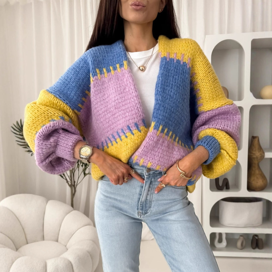 Damen lässige Strickjacke mit voluminösen Ärmeln und geometrischem Muster Drune